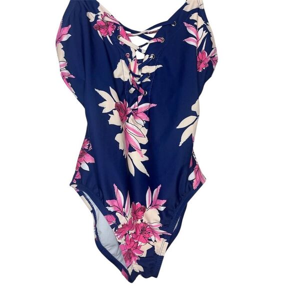 NWOT NAUTICA BLUE/PURPLE FLORAL LACE UP ONE PIECE SWIMSUIT WOMENS SIZE LARGE - Picture 5 of 10